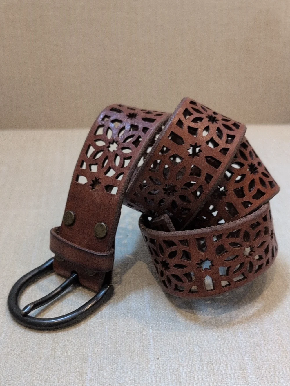 Brown Laser-Cut Floral Leather Belt Gunmetal Buckle Adjustable